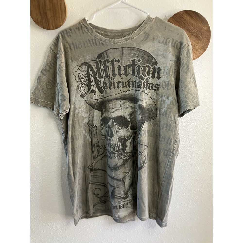 Affliction Aficionados Est 1802 Skull Key T-Shirt Medium‎ Gray Distressed Look